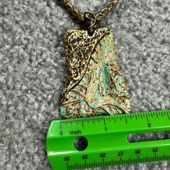 Green & Bronze Pendant Necklace Textured Metal Design on Chain 18 Inches Long - Picture 10 of 16